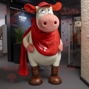 Red Beef Wellington mascot costume character dressed with a Jeans and Scarf clips