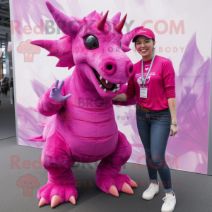 Magenta Triceratops mascot costume character dressed with a Boyfriend Jeans and Earrings