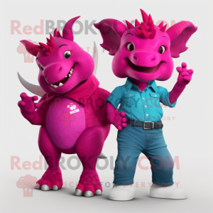 Magenta Triceratops mascot costume character dressed with a Boyfriend Jeans and Earrings