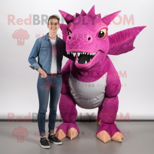 Magenta Triceratops mascot costume character dressed with a Boyfriend Jeans and Earrings