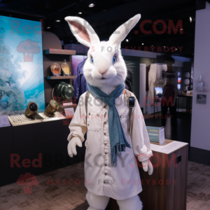 White Wild Rabbit mascot costume character dressed with a Button-Up Shirt and Shawls