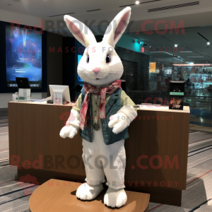 White Wild Rabbit mascot costume character dressed with a Button-Up Shirt and Shawls