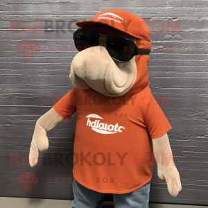 Rust Humpback Whale mascot costume character dressed with a Polo Tee and Eyeglasses