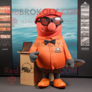 Rust Humpback Whale mascot costume character dressed with a Polo Tee and Eyeglasses