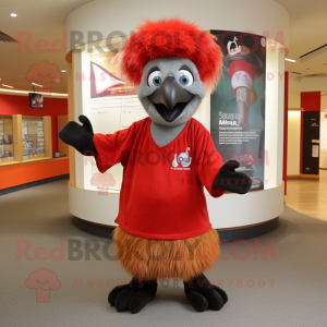 Red Emu mascot costume character dressed with a Mini Dress and Beanies