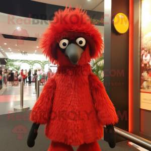 Red Emu mascot costume character dressed with a Mini Dress and Beanies