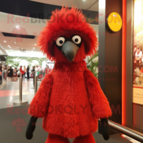 Red Emu mascot costume character dressed with a Mini Dress and Beanies