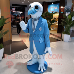 Sky Blue Albatross mascot costume character dressed with a Suit Jacket and Coin purses