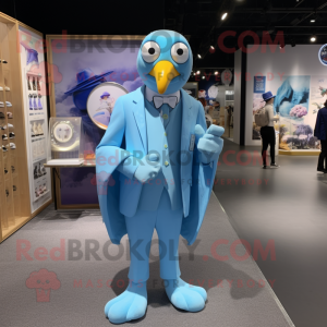 Sky Blue Albatross mascot costume character dressed with a Suit Jacket and Coin purses