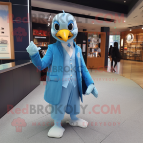 Sky Blue Albatross mascot costume character dressed with a Suit Jacket and Coin purses