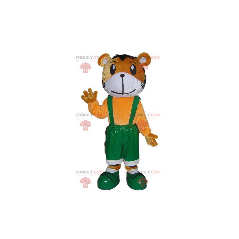 Mascotte de tigre orange et blanc en salopette verte -