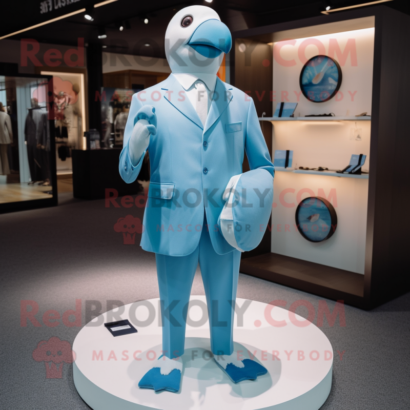 Sky Blue Albatross mascot costume character dressed with a Suit Jacket and Coin purses