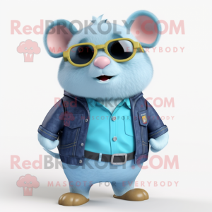 Sky Blue Hamster mascot costume character dressed with a Jeans and Eyeglasses