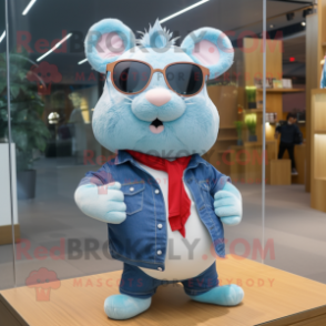 Sky Blue Hamster mascot costume character dressed with a Jeans and Eyeglasses