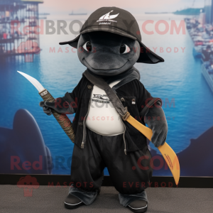 Black Swordfish mascot costume character dressed with a Jeans and Beanies