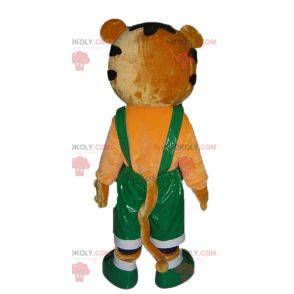 Orange and white tiger mascot in green overalls - Redbrokoly.com