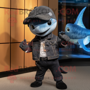 Black Swordfish mascot costume character dressed with a Jeans and Beanies