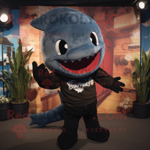 Black Swordfish mascot costume character dressed with a Jeans and Beanies