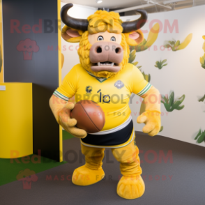 Lemon Yellow Minotaur mascot costume character dressed with a Rugby Shirt and Headbands