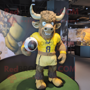 Lemon Yellow Minotaur mascot costume character dressed with a Rugby Shirt and Headbands