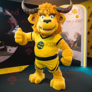 Lemon Yellow Minotaur mascot costume character dressed with a Rugby Shirt and Headbands