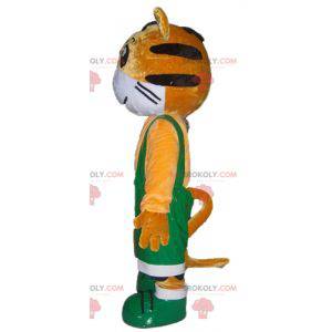 Mascote tigre laranja e branco de macacão verde - Redbrokoly.com