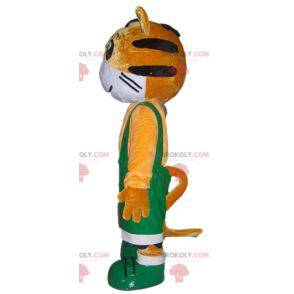 Mascote tigre laranja e branco de macacão verde - Redbrokoly.com