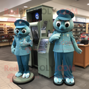 Teal Air Force Soldier mascot costume character dressed with a Shift Dress and Coin purses