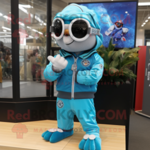 Turquoise Bracelet mascot costume character dressed with a Bomber Jacket and Scarf clips