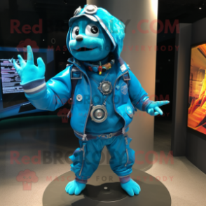 Turquoise Bracelet mascot costume character dressed with a Bomber Jacket and Scarf clips