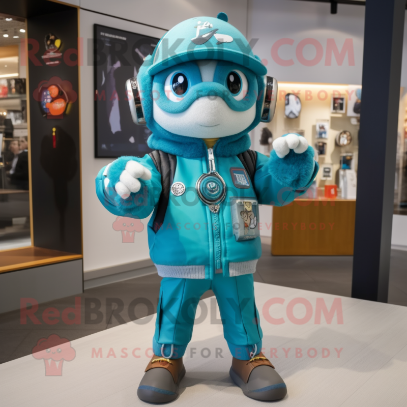 Turquoise Bracelet mascot costume character dressed with a Bomber Jacket and Scarf clips Turquoise Bracelet mascot costume character dressed with a Bomber Jacket and Scarf clips