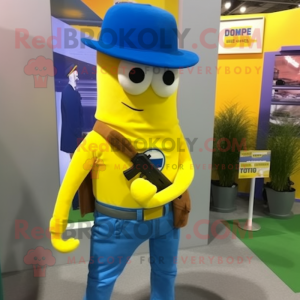 Lemon Yellow Sniper mascot costume character dressed with a Flare Jeans and Shoe laces