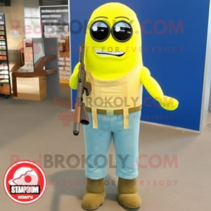 Lemon Yellow Sniper mascot costume character dressed with a Flare Jeans and Shoe laces