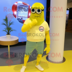 Lemon Yellow Sniper mascot costume character dressed with a Flare Jeans and Shoe laces