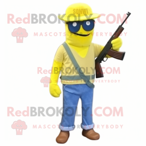 Lemon Yellow Sniper mascot costume character dressed with a Flare Jeans and Shoe laces