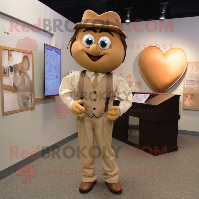 Tan Heart mascot costume character dressed with a Suit and Suspenders Tan Heart mascot costume character dressed with a Suit and Suspenders