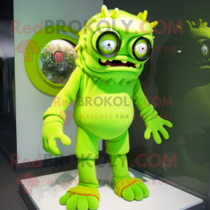 Lime Green Cyclops mascot costume character dressed with a Rash Guard and Hairpins