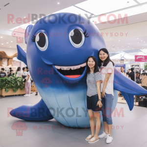 nan Blue Whale mascot costume character dressed with a Mom Jeans and Suspenders