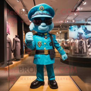 Turquoise Navy Soldier mascot costume character dressed with a Graphic Tee and Brooches