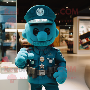 Turquoise Navy Soldier mascot costume character dressed with a Graphic Tee and Brooches