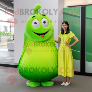 Lime Green Pho mascot costume character dressed with a Maxi Dress and Watches