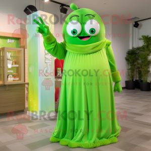 Lime Green Pho mascot costume character dressed with a Maxi Dress and Watches