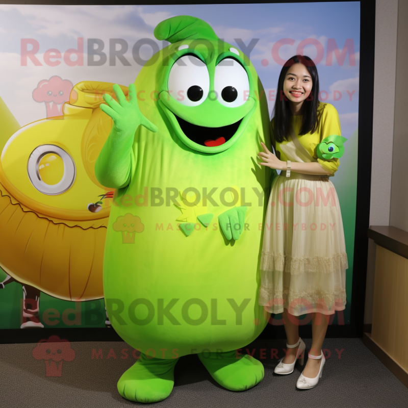 Lime Green Pho mascot costume character dressed with a Maxi Dress and Watches