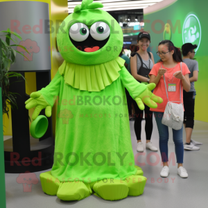 Lime Green Pho mascot costume character dressed with a Maxi Dress and Watches