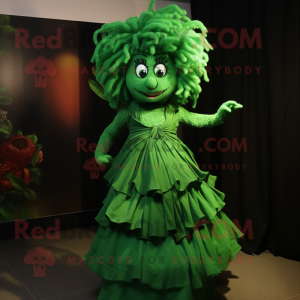 Forest Green Goulash mascot costume character dressed with a Evening Gown and Hair clips