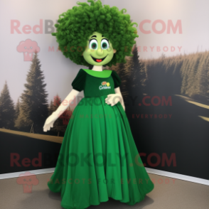 Forest Green Goulash mascot costume character dressed with a Evening Gown and Hair clips