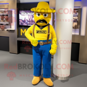 Yellow Civil War Soldier mascot costume character dressed with a Overalls and Bracelet watches