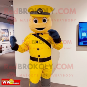 Yellow Civil War Soldier mascot costume character dressed with a Overalls and Bracelet watches