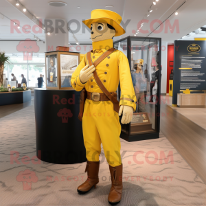 Yellow Civil War Soldier mascot costume character dressed with a Overalls and Bracelet watches