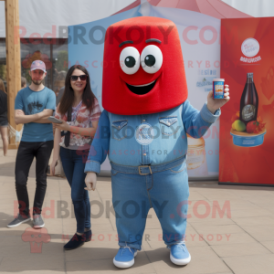 Blue Bottle Of Ketchup mascot costume character dressed with a Denim Shorts and Smartwatches